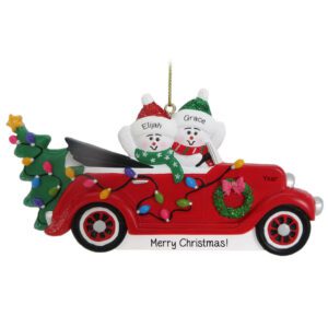 Personalized Snowmen Couple In CONVERTIBLE Car Glittered Ornament