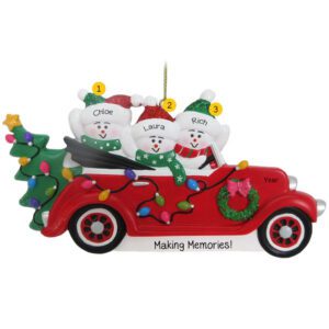 Personalized Family Of 3 In CONVERTIBLE Car Glittered Ornament