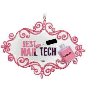 Image of Best Nail Tech with Polish Pink Glittered Personalized Ornament