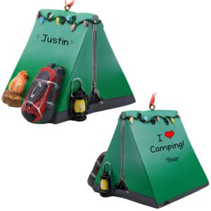 Personalized I Love Camping Green Zippered 3-D Tent Ornament