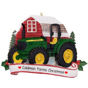 Personalized Barn With Green John Deere 5075 Tractor Glittered Ornament