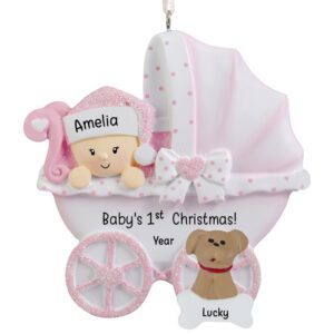 Baby GIRL'S 1st Christmas Carriage And Pet Glittered Ornament PINK