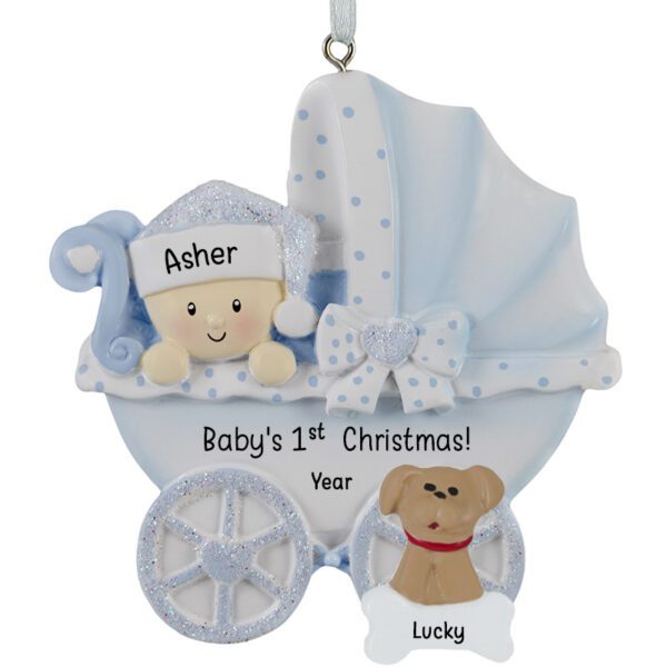 Baby BOY'S 1st Christmas Baby Carriage And Pet Personalized Ornament