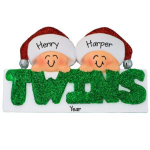 Personalized Twins Wearing Matching Festive Hats Glittered Ornament