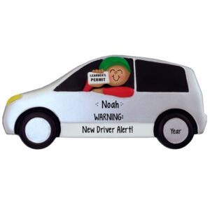 Image of BOY Holding Learner's Permit Driving Car Ornament AFRICAN AMERICAN