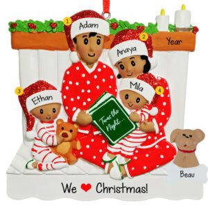 Family Of 4 Reading In Bed With Pet Ornament AFRICAN AMERICAN