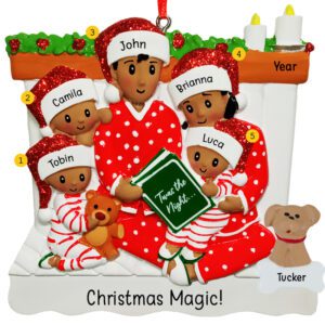 Image of Family Of 5 Reading With Pet In Bed Ornament AFRICAN AMERICAN