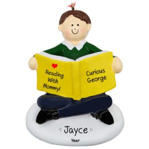 Boy Loves To Read With Mommy Personalized Ornament BROWN HAIR