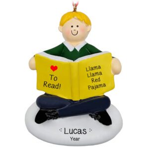 Personalized Little Boy Loves To Read Ornament BLONDE