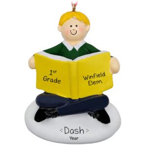 Image of Personalized Little Boy Reading In School Ornament BLONDE