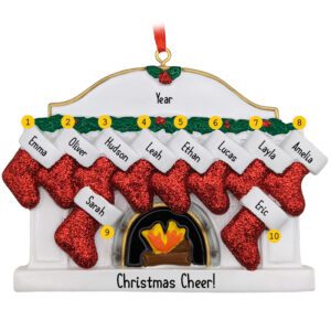 Image of Personalized Group Of 10 Glittered Stockings On Mantle Ornament