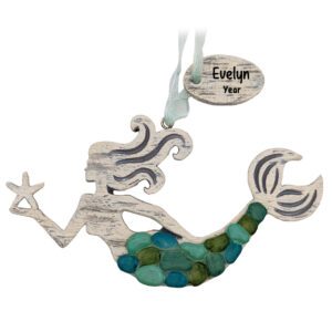 Image of Personalized Wood And Sea Glass Colorful Mermaid Ornament