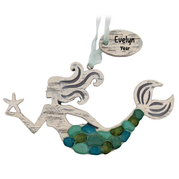Personalized Wood And Sea Glass Colorful Mermaid Ornament