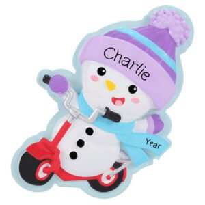 Image of Personalized Snowman Wearing Purple Hat Riding Red Scooter Ornament