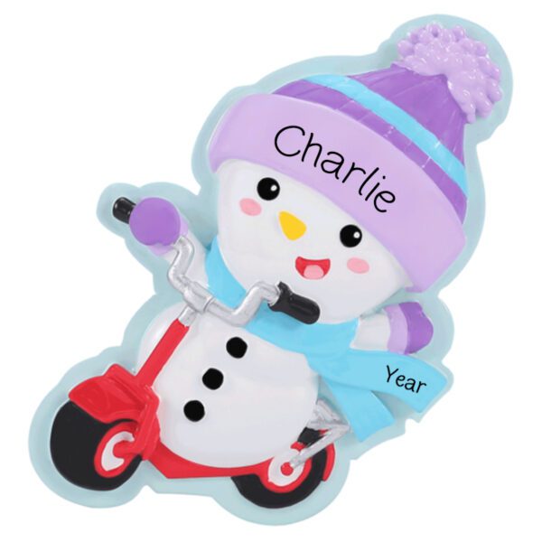 Personalized Snowman Wearing Purple Hat Riding Red Scooter Ornament
