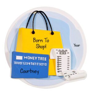 Personalized Born To Shop Yellow Bag And Credit Card Ornament