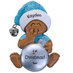 BOY'S 1st Christmas Silver Ball Ornament BLUE African American