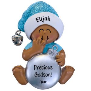 Image of Precious GODSON Silver Ball Ornament BLUE African American