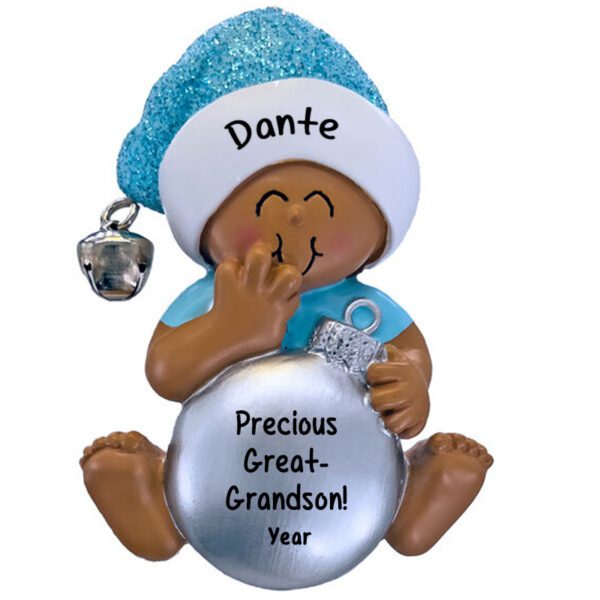 GREAT GRANDSON Baby BOY With Silver Ball Ornament BLUE African American