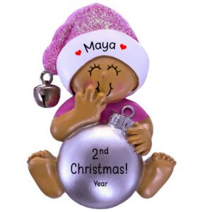 GIRL'S 2nd Christmas With Silver Ball Ornament PINK African American