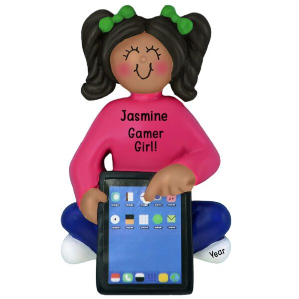 Personalized Gamer GIRL With iPad Ornament AFRICAN AMERICAN