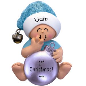 Baby BOY'S First Christmas With Silver Ball Personalized Ornament BLUE
