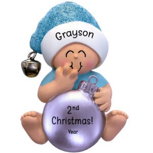 Baby BOY'S Second Christmas With Silver Ball Personalized Ornament BLUE