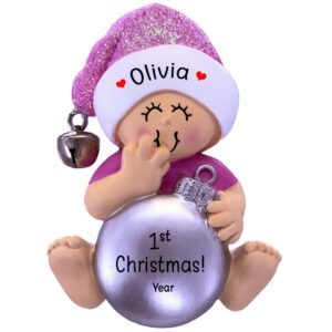 Baby GIRL'S First Christmas With Silver Ball Personalized Ornament PINK