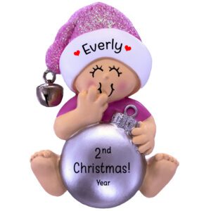 Image of Baby GIRL'S 2nd Christmas With Silver Ball Personalized Ornament PINK