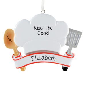 Kiss The Cook White Hat And Spatula Cooking Ornament