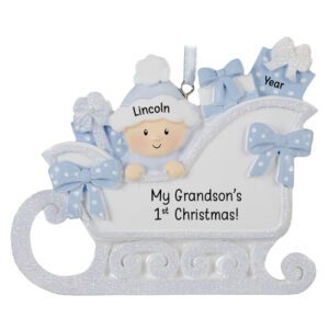 Image of Personalized BLUE Glittered Sleigh Grandson's 1st Christmas Ornament
