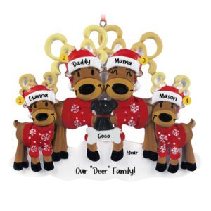 Family Of 4 Deer Wearing Holiday Sweaters With Pet Personalized Ornament