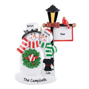 Snowmen Couple With Pet Under Holiday Lamp Post Personalized Ornament