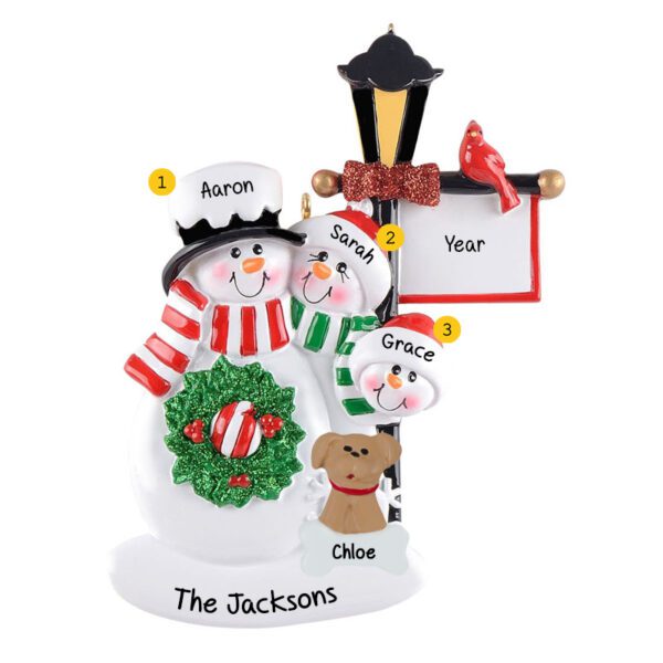 Snowmen Family Of 3 With Pet Lamp Post Personalized Ornament