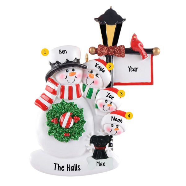 Personalized Snowman Family Of 4 With Pet Lamp Post Ornament