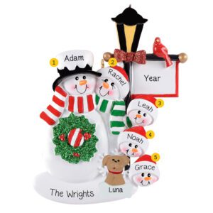 Personalized Snowman Family Of 5 With Pet Lamp Post Ornament
