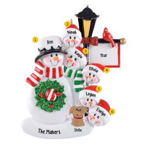 Personalized Snowman Family Of 6 With Pet Lamp Post Ornament