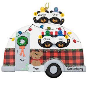 Image of Personalized 4 Black Bears With Pet In Camper Colorful Glittered Ornament