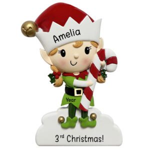Baby GIRL'S 3rd Christmas Elf Holding CANDY CANE Personalized Ornament