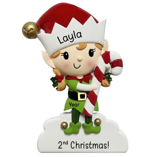 Baby GIRL'S 2nd Christmas Elf Holding CANDY CANE Personalized Ornament
