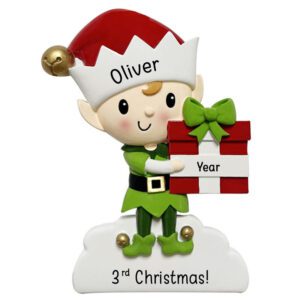 Image of BOY's 3rd Christmas Elf Holding GIFT Personalized Ornament