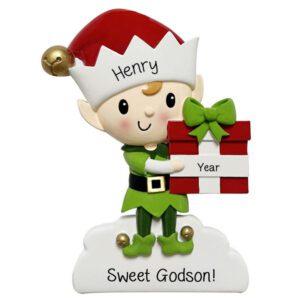 Image of Personalized Cutest Godson Elf Holding GIFT Ornament