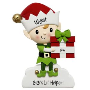 Image of Personalized GRANDSON Elf Holding GIFT Cute Ornament