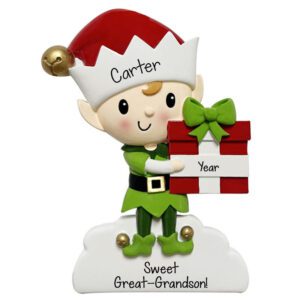 Personalized GREAT-GRANDSON Elf Holding GIFT Cute Ornament