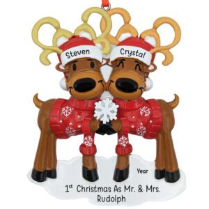 Personalized Newlywed Deer Couple Wearing Sweaters Ornament