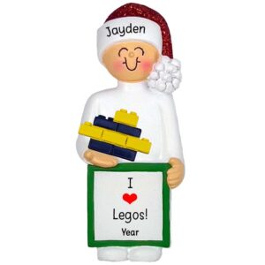 Personalized BOY Loves To Play LEGOS Glittered Hat Ornament
