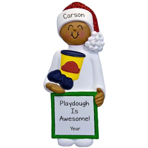 Personalized BOY Holding Playdough Glittered Hat Ornament African American