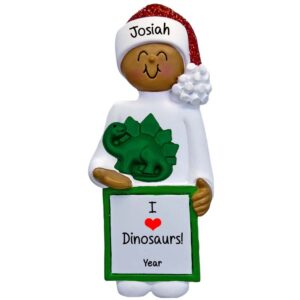 Image of Personalized BOY Holding Dino Glittered Hat Ornament African American
