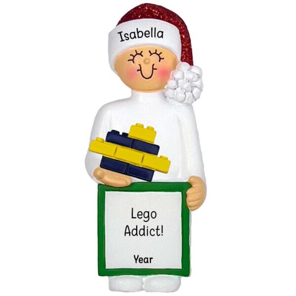 Personalized GIRL Holding LEGOS Glittered Hat Ornament