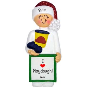 Personalized GIRL Holding PLAYDOUGH Glittered Hat Ornament